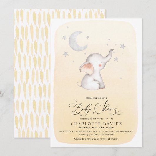 Elephant Stars Moon Yellow Neutraal Baby shower Kaart (Voorkant / Achterkant)