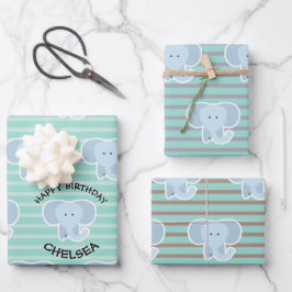 Elephant Stripes Happy Birthday set van Inpakpapier Vel