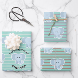 Elephant Stripes Happy Birthday set van Inpakpapier Vel