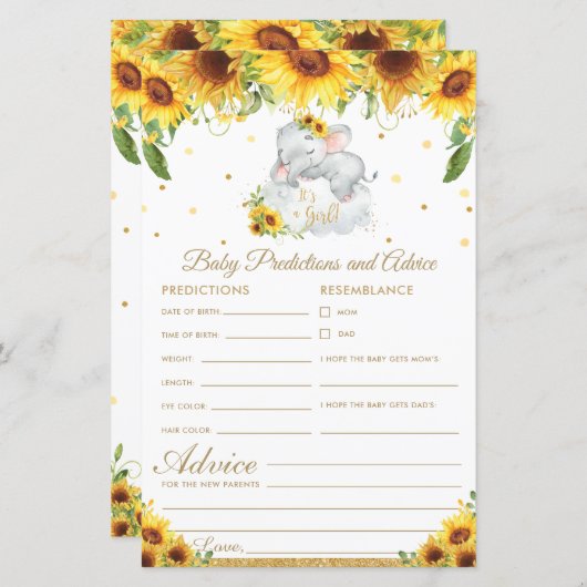 Elephant Sunflower Baby Prediction Advice Kaart (Voorkant / Achterkant)