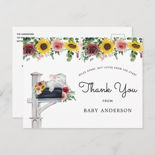 Elephant Sunflower Baby shower per post Dank u Briefkaart (Voorkant / Achterkant)