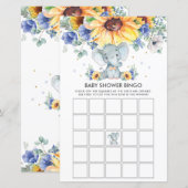 Elephant Sunflower Blue Baby shower Bingo Game (Voorkant / Achterkant)