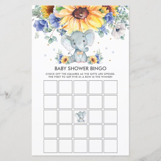 Elephant Sunflower Blue Baby shower Bingo Game (Voorkant)