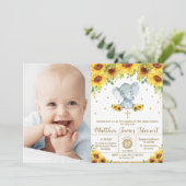 Elephant Sunflower Christening Baptism Boy Foto Kaart (Staand voorkant)