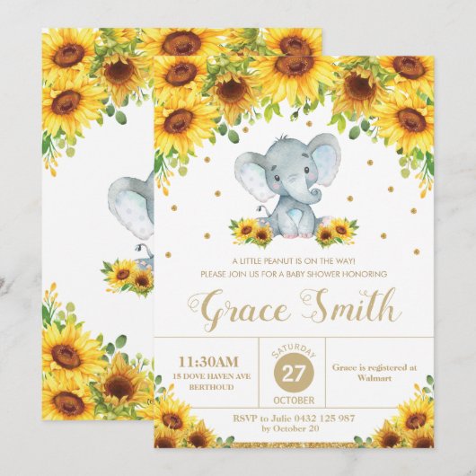 Elephant Sunflower Floral Baby shower Boy Kaart (Voorkant / Achterkant)