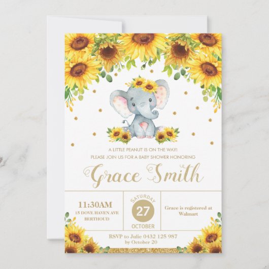 Elephant Sunflower Floral Baby shower Girl Kaart (Voorkant)