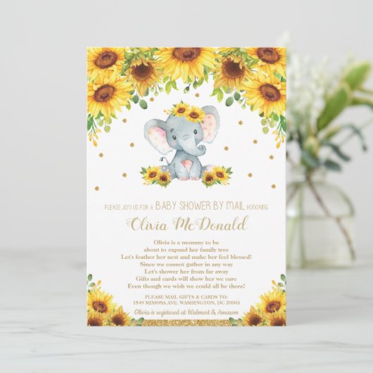 Elephant Sunflower Floral Baby shower van Mail Gir Kaart (Staand voorkant)