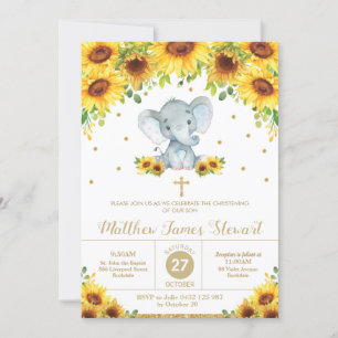 Elephant Sunflower Floral Christening Baptism Boy Kaart