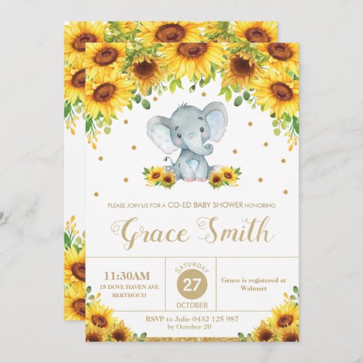 Elephant Sunflower Floral Co-Ed Baby shower Boy Kaart (Voorkant / Achterkant)