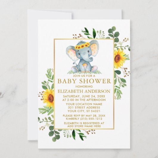 Elephant Sunflower Greenery Baby shower Gold Kaart (Voorkant)