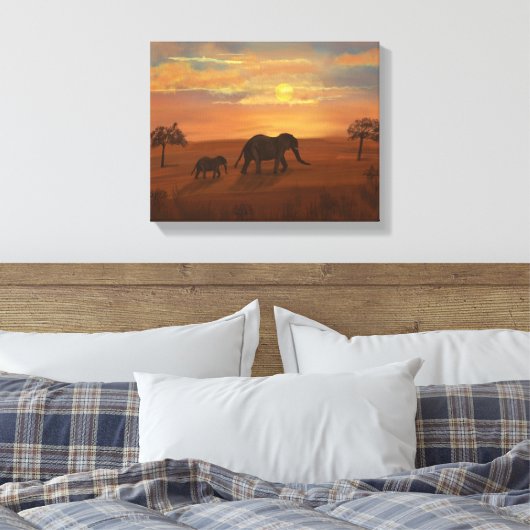 Elephant Sunset Oil Painting - Omwikkelde canvasmu Canvas Afdruk (Insitu (Slaapkamer))