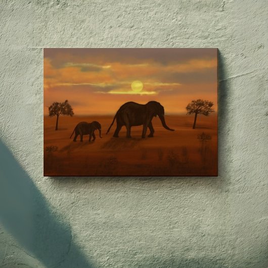 Elephant Sunset Oil Painting - Omwikkelde canvasmu Canvas Afdruk