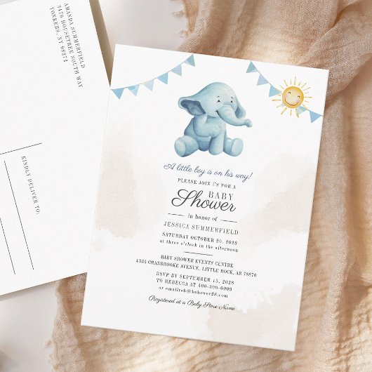 Elephant Sunshine Waterverf Boy Baby shower Uitnodiging Briefkaart