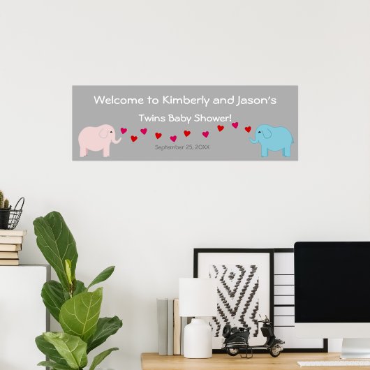 Elephant Theme Twin Boy & Girl Baby shower Banner Poster (Thuiskantoor)