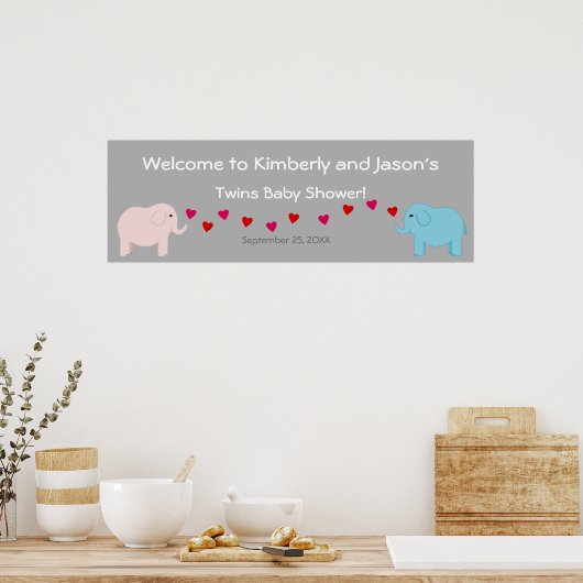 Elephant Theme Twin Boy & Girl Baby shower Banner Poster (Keuken)