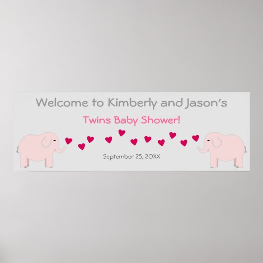 Elephant Theme Twin Girls Baby shower Banner Poster (Voorkant)