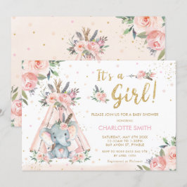Elephant Tribal Blush Floral Girl Baby shower Kaart