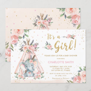 Elephant Tribal Blush Floral Girl Baby shower Kaart