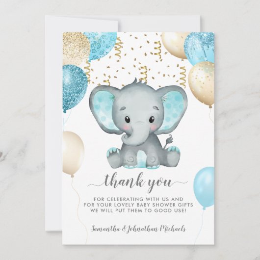 Elephant Turquiose Balloons Baby shower Dank u Bedankkaart (Voorkant)