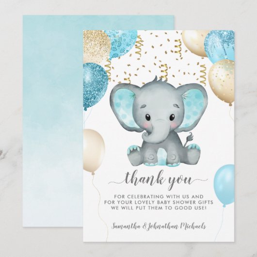 Elephant Turquiose Balloons Baby shower Dank u Bedankkaart (Voorkant / Achterkant)
