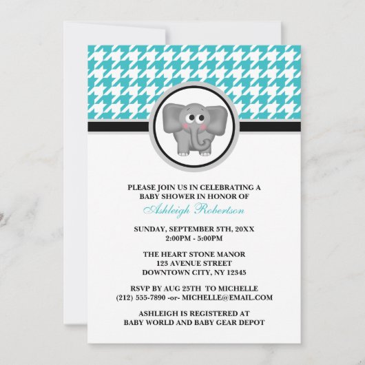 Elephant Turquoise & White Houndstooth Baby shower Kaart (Voorkant)
