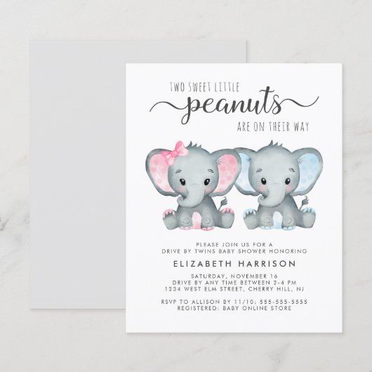 Elephant Twin Baby Boy Girl drive by Shower Invite (Voorkant / Achterkant)