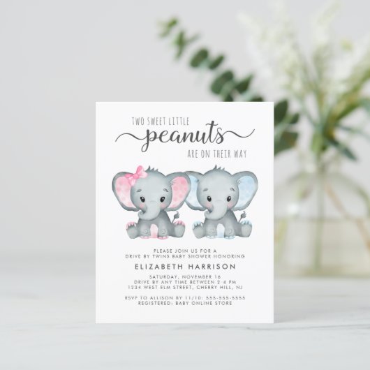 Elephant Twin Baby Boy Girl drive by Shower Invite (Staand voorkant)