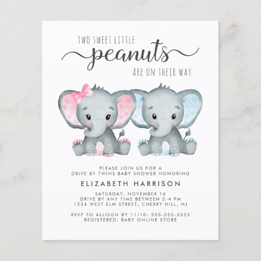 Elephant Twin Baby Boy Girl drive by Shower Invite (Voorkant)