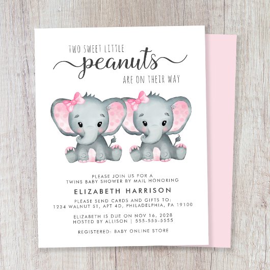 Elephant Twin Baby Girls Showby Mail Invitation