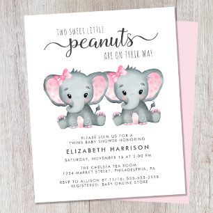 Elephant Twin Baby Girls Shower Budget Uitnodiging