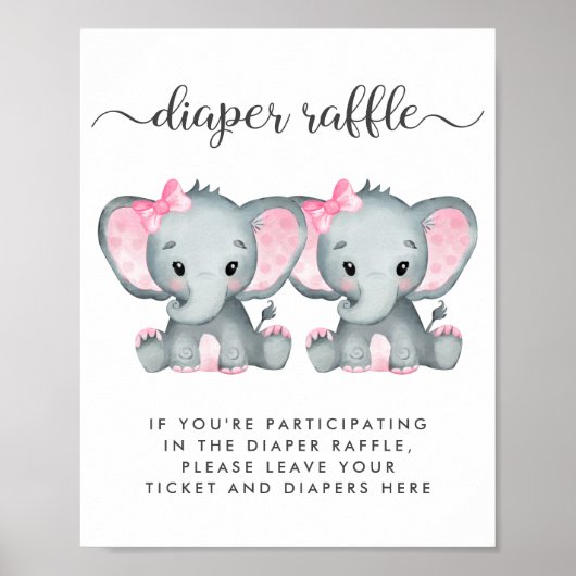Elephant Twin Baby Girls Shower Diaper Raffle Poster (Voorkant)