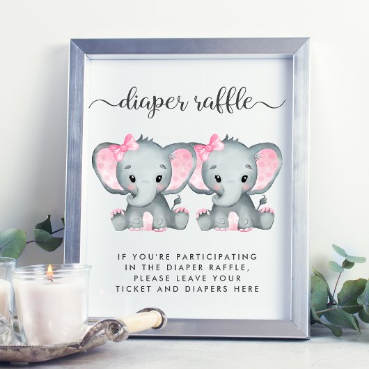 Elephant Twin Baby Girls Shower Diaper Raffle Poster