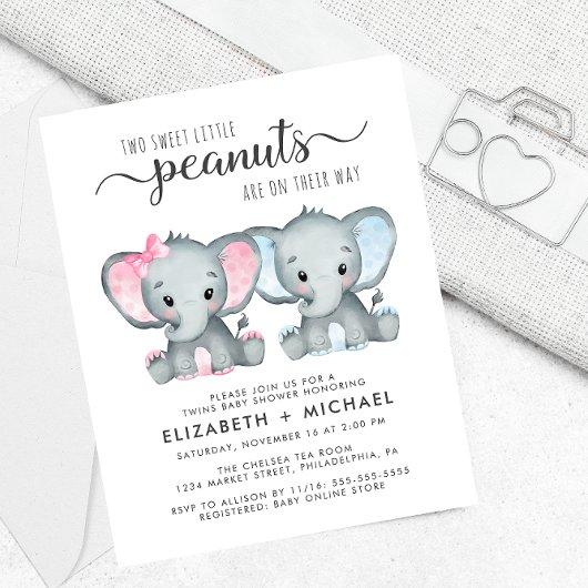 Elephant Twin Boy Girl Couples Baby shower Invite