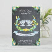 Elephant twin boy Invitation, Floral, Baby 1st Kaart (Staand voorkant)