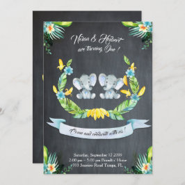 Elephant twin boy Invitation, Floral, Baby 1st Kaart