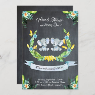 Elephant twin boy Invitation, Floral, Baby 1st Kaart