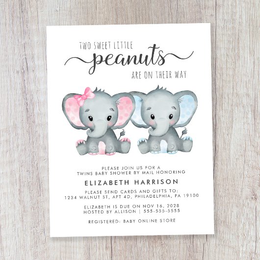 Elephant Twin Boy Meisje Baby shower per mail Uitn