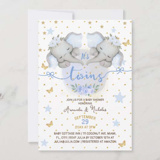 Elephant Twin Boys Baby Boy Shower Kaart (Voorkant)