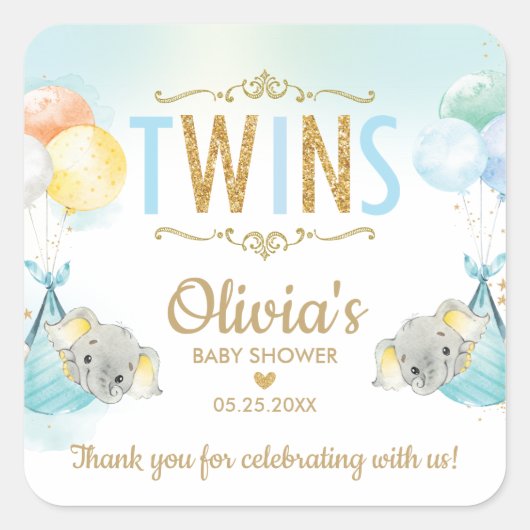 Elephant Twin Boys Baby shower Bedankt Favor Vierkante Sticker (Voorkant)