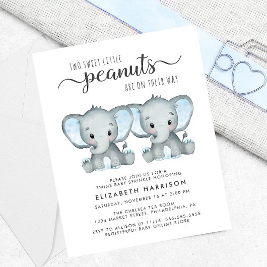 Elephant Twin Boys Baby Sprinkle Budget Uitnodigen