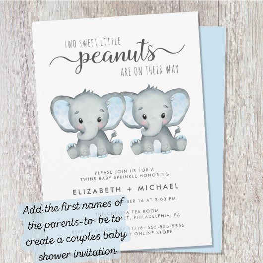Elephant Twin Boys Baby Sprinkle Kaart