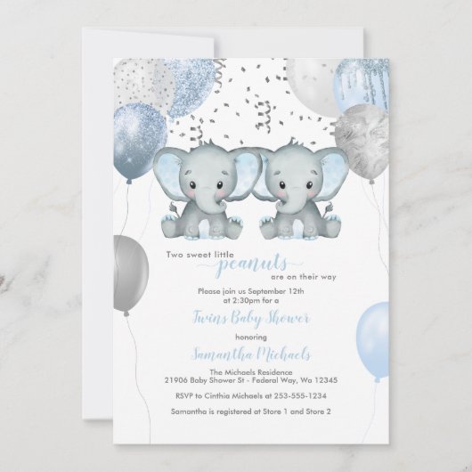 Elephant Twin Boys Ballon Baby shower Uitnodiging (Voorkant)