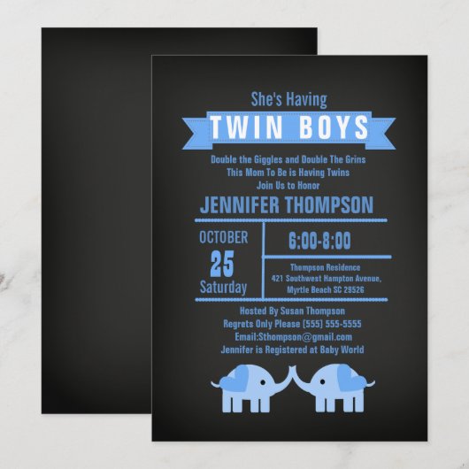 Elephant Twin Boys Chalkboard Baby shower Kaart (Voorkant / Achterkant)