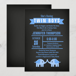 Elephant Twin Boys Chalkboard Baby shower Kaart