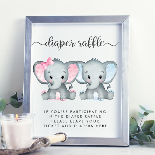 Elephant Twin Girl Boy Baby shower Diaper Raffle Poster