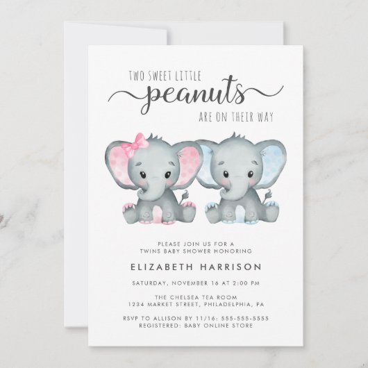 Elephant Twin Girl Boy Baby shower Kaart (Voorkant)