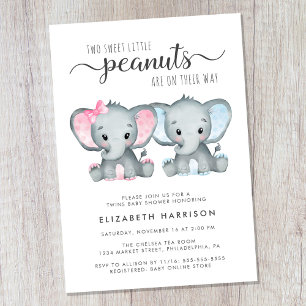 Elephant Twin Girl Boy Baby shower Kaart