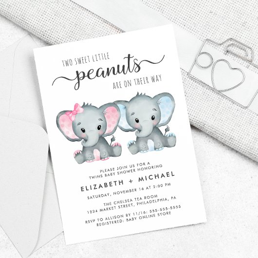 Elephant Twin Girl Boy Couples Baby shower Kaart