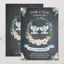 Elephant twin girl Invitation, Floral, Baby 1st