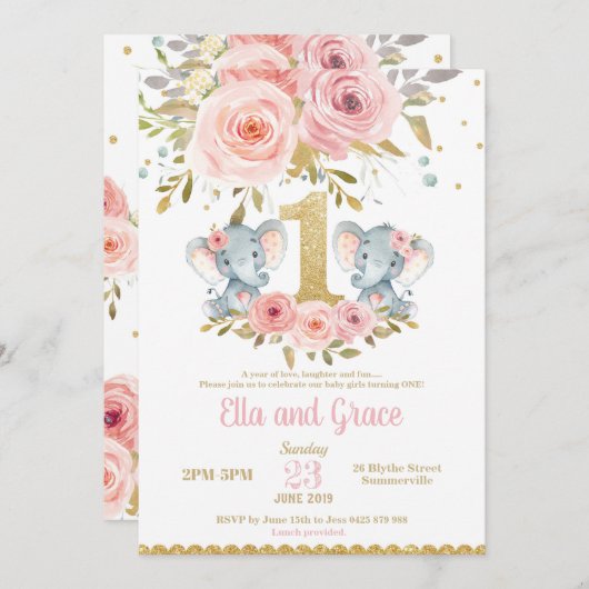 Elephant Twin Girls 1e verjaardag Uitnodiging (Voorkant / Achterkant)